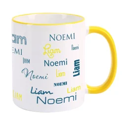 Tasse mit zwei Namen in verschiedenen Schriftarten