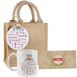 Tasse und Schokolade zu Weihnachten in hübscher Jutetüte mit persönlichem Anhänger