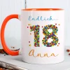 Tasse zum 18. Geburtstag - mit bunter Konfetti-Zahl