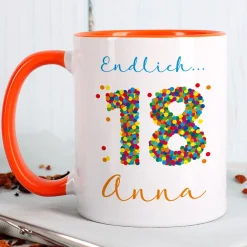 Tasse zum 18. Geburtstag - mit bunter Konfetti-Zahl