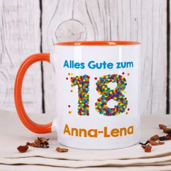 Tasse zum 18. Geburtstag - mit bunter Konfetti-Zahl