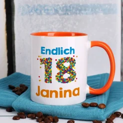 Tasse zum 18. Geburtstag - mit bunter Konfetti-Zahl