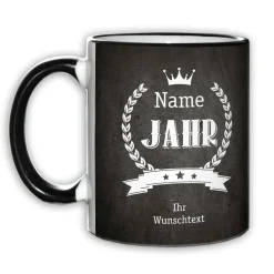 Tasse zum Geburtstag mit Name, Jahreszahl und Wunschtext
