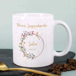 Tasse zur Jugendweihe mit Wildblumenmotiv im Watercolor Stil mit Name und Datum