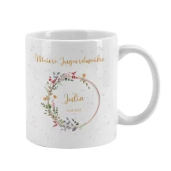 Tasse zur Jugendweihe mit Wildblumenmotiv im Watercolor Stil mit Name und Datum