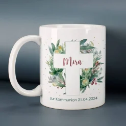 Tasse zur Kommunion oder Konfirmation mit Blätterkreuz-Motiv