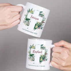 Tasse zur Kommunion oder Konfirmation mit Blätterkreuz-Motiv