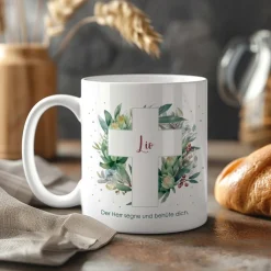 Tasse zur Kommunion oder Konfirmation mit Blätterkreuz-Motiv