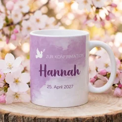 Tasse zur Konfirmation - mit Name und Datum in violett