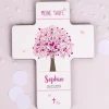 Taufkerze Lebensbaum mit passendem Kreuz für Mädchen