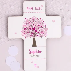 Taufkerze Lebensbaum mit passendem Kreuz für Mädchen