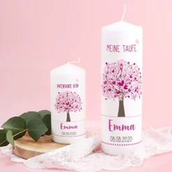 Taufkerze Lebensbaum mit passender Patenkerze in Rosa