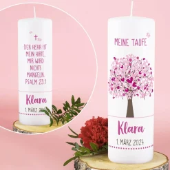 Taufkerze Lebensbaum mit passender Patenkerze in Rosa