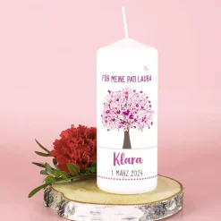 Taufkerze Lebensbaum mit passender Patenkerze in Rosa