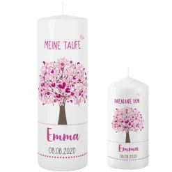 Taufkerze Lebensbaum mit passender Patenkerze in Rosa
