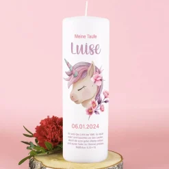 Taufkerze mit Einhornmotiv und Ihrer Personalisierung