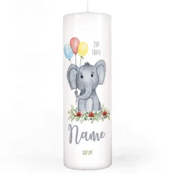 Taufkerze mit Elefant, Name, Datum und Taufspruch