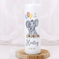 Taufkerze mit Elefant, Name, Datum und Taufspruch