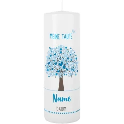 Taufkerze mit Lebensbaum in blau, Name, Datum und Taufspruch