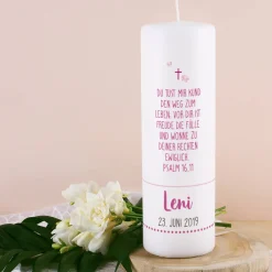 Taufkerze mit Lebensbaum in rosa, Name, Datum und Taufspruch