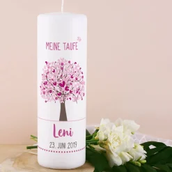 Taufkerze mit Lebensbaum in rosa, Name, Datum und Taufspruch