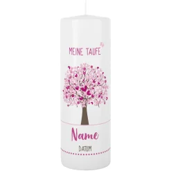 Taufkerze mit Lebensbaum in rosa, Name, Datum und Taufspruch
