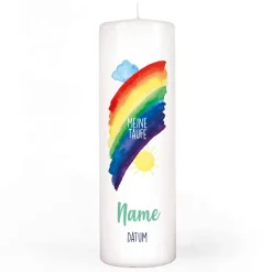 Taufkerze mit Regenbogen, Name, Datum und Taufspruch