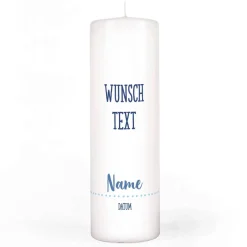 Taufkerze mit Wal, blauem Kreuz, Name, Datum und Taufspruch