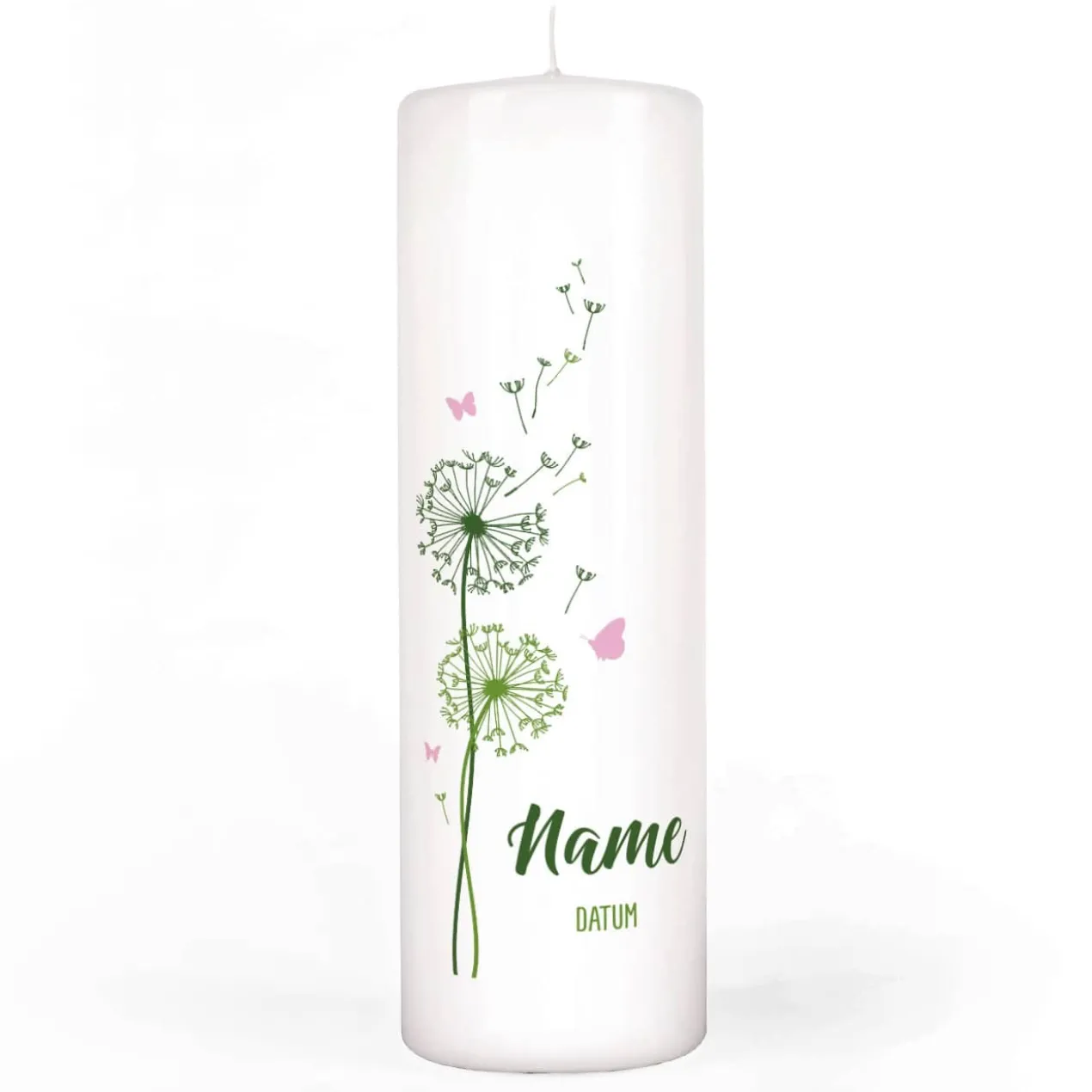 Taufkerze Pusteblume mit Name, Datum und Taufspruch