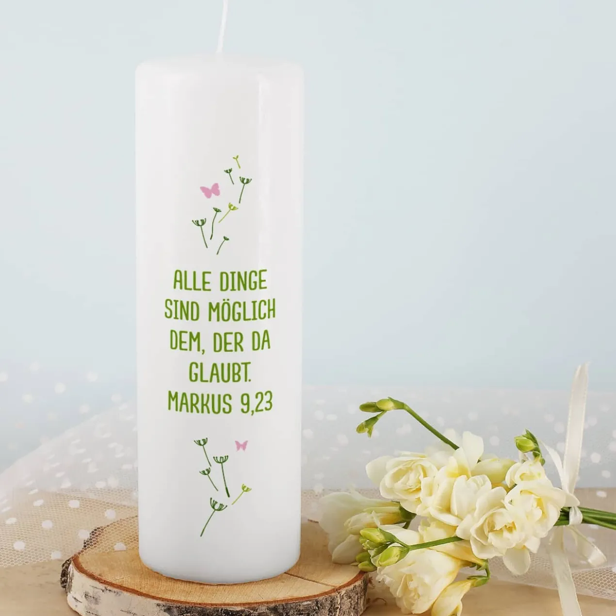 Taufkerze Pusteblume mit Name, Datum und Taufspruch