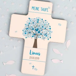 Taufkerze und Kreuz mit Lebensbaum für Jungs