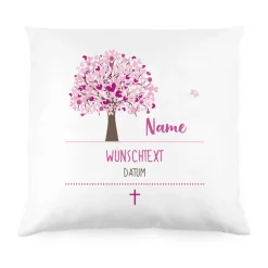 Taufkissen mit Lebensbaum in rosa, Name, Datum und Wunschtext