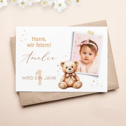 Teddybär Einladungskarte zum Kindergeburtstag mit Foto und Wunschdaten