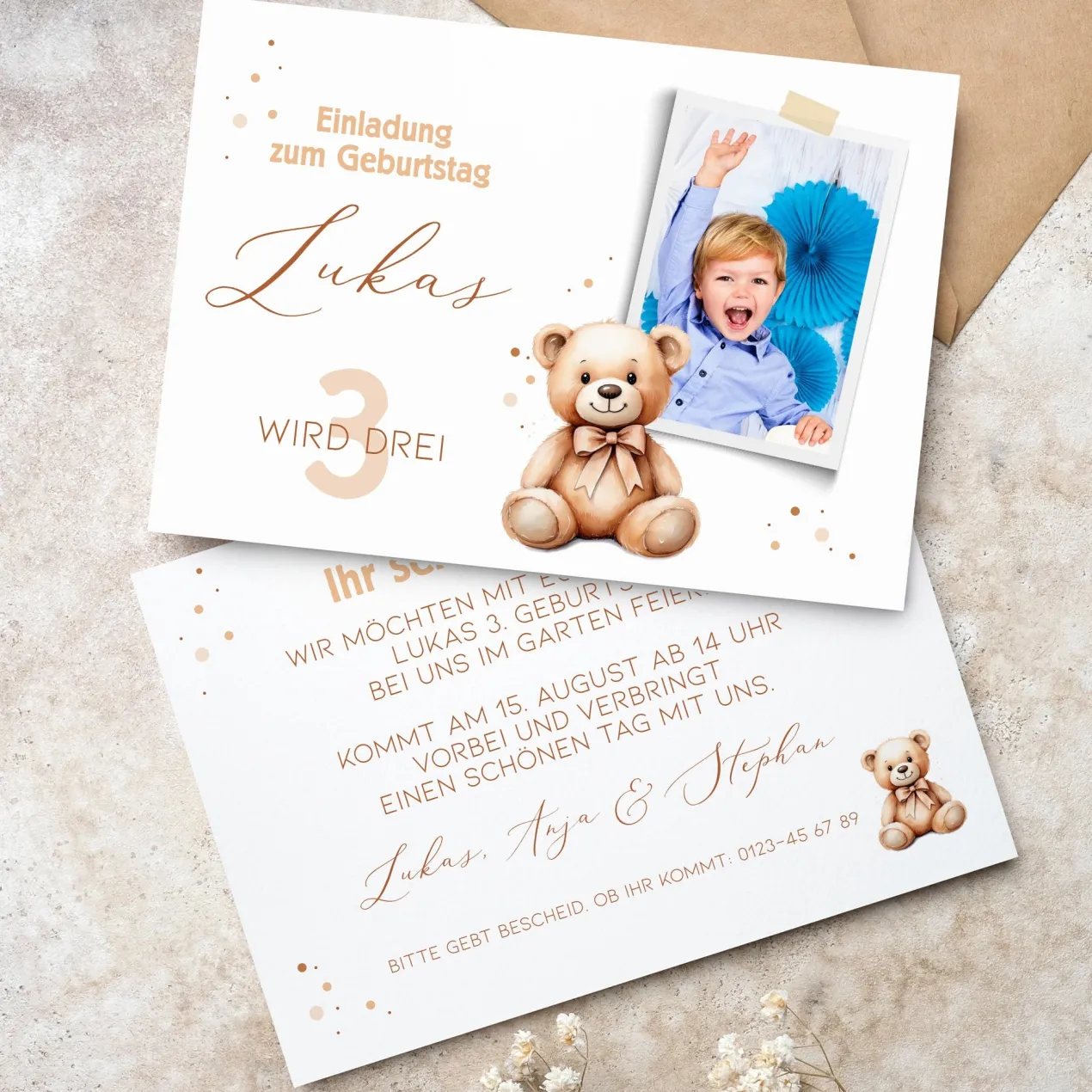 Teddybär Einladungskarte zum Kindergeburtstag mit Foto und Wunschdaten