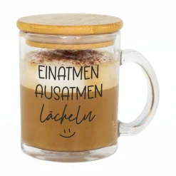 Teeglas 'Einatmen, Ausatmen, Lächeln' | Tasse aus Glas mit Holz Deckel als Geschenkidee