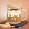 Teeglas mit Holz Deckel personalisiert mit Name | Glas Tasse 'Pause' als Geschenkidee