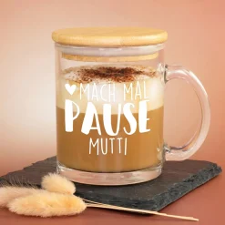 Teeglas mit Holz Deckel personalisiert mit Name | Glas Tasse 'Pause' als Geschenkidee