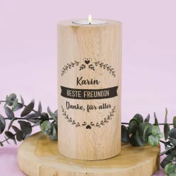 Teelicht aus Holz bedruckt mit drei Wunschtextzeilen