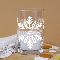 Teelichthalter aus Glas mit Schneeflockenmotiv und Wunschname bedruckt