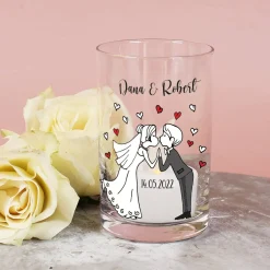 Teelichthalter aus Glas zur Hochzeit mit Brautpaar, Namen und Datum