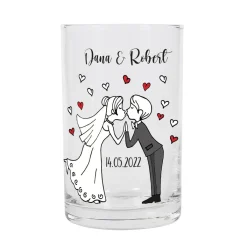 Teelichthalter aus Glas zur Hochzeit mit Brautpaar, Namen und Datum