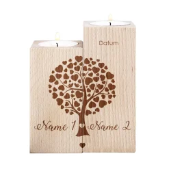 Teelichthalter aus Holz mit Herzbaum, Namen und Datum, 2er Set
