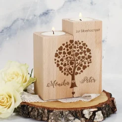 Teelichthalter aus Holz mit Herzbaum, Namen und Datum, 2er Set