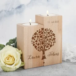 Teelichthalter aus Holz mit Herzbaum, Namen und Datum, 2er Set