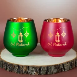 Teelichthalter zu Ramadan mit Gravur 'Eid Mubarak' | Windlicht aus Glas | Rot oder Grün