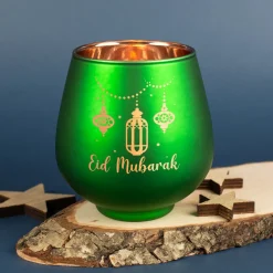 Teelichthalter zu Ramadan mit Gravur 'Eid Mubarak' | Windlicht aus Glas | Rot oder Grün