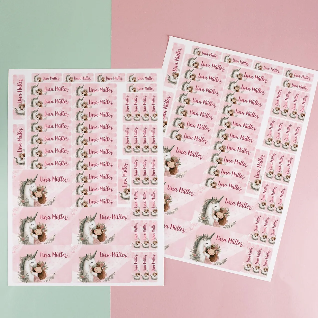 100-teiliges Schulaufkleber Set mit Einhornmotiv und Wunschname