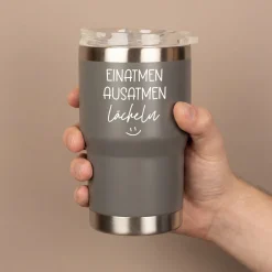 Thermobecher mit Spruch - Einatmen Ausatmen Lächeln | Coffee to Go & Reise Becher als Geschenk