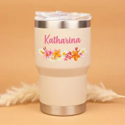 Thermobecher personalisiert mit Name und Blumen Motiv | Coffee to Go Becher als Geschenk für Frauen