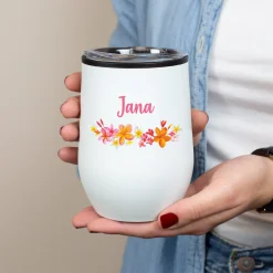 Thermobecher personalisiert mit Name und Blumenmotiv in schwarz oder weiß | Geschenk für Frauen